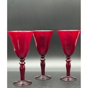 Vintage lot of 3 of Ruby Red Art Glass Stemmed Goblets 8.5" Tall